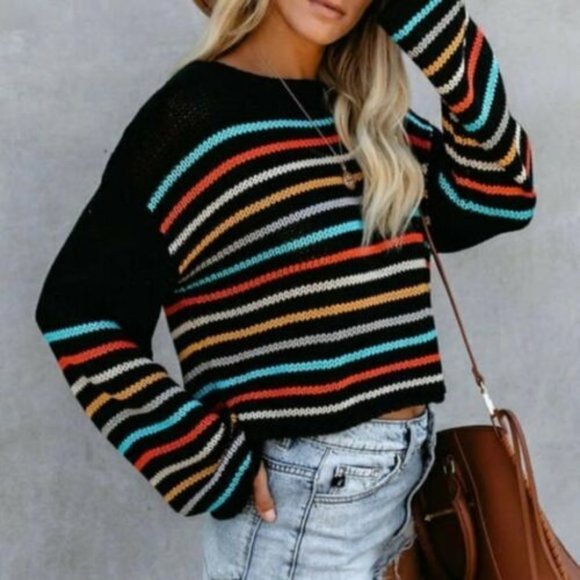 Boho Black Stripe Scoop Neck Yarn Knit Sweater - Picture 3 of 3